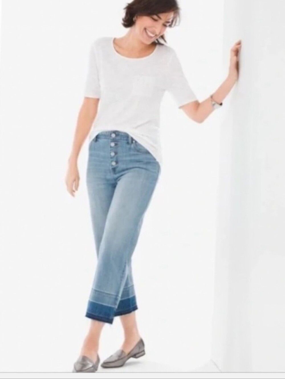 Chico's Light Blue Cropped Button-Front Jeans with Darker Frayed Hem Size 12